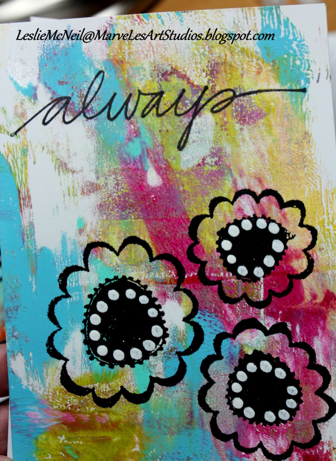 MarveLes  SET of THREE Mixed Media Prints Greeting Cards white cardstock pink lime green turquoise yellow silver gold