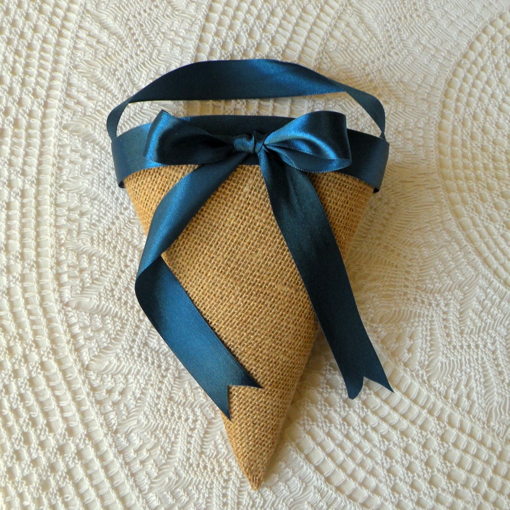 Natural Burlap with CUSTOM Ribbon in Any Color Flower Girl Petal Basket or Wedding Decor Cone for Aisle Chairs, Church Pews or Rose Toss