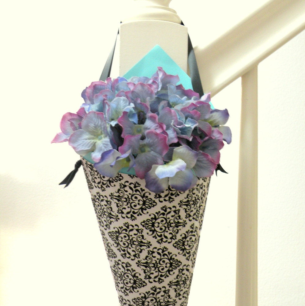 Black / White Wedding Decor Cone in Glitter Damask Print and ANY Custom Paper Color for Aisle, Chruch Pews or Flower Girl Petal Basket