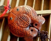 20% SALE KOI FISH / Jewelry Supply Pendant / Chinese Import /  Rust Ox Bone / Hand Carved / Accessory / Glass Eyes