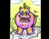 Leah Hippo and the Bird original ACEO