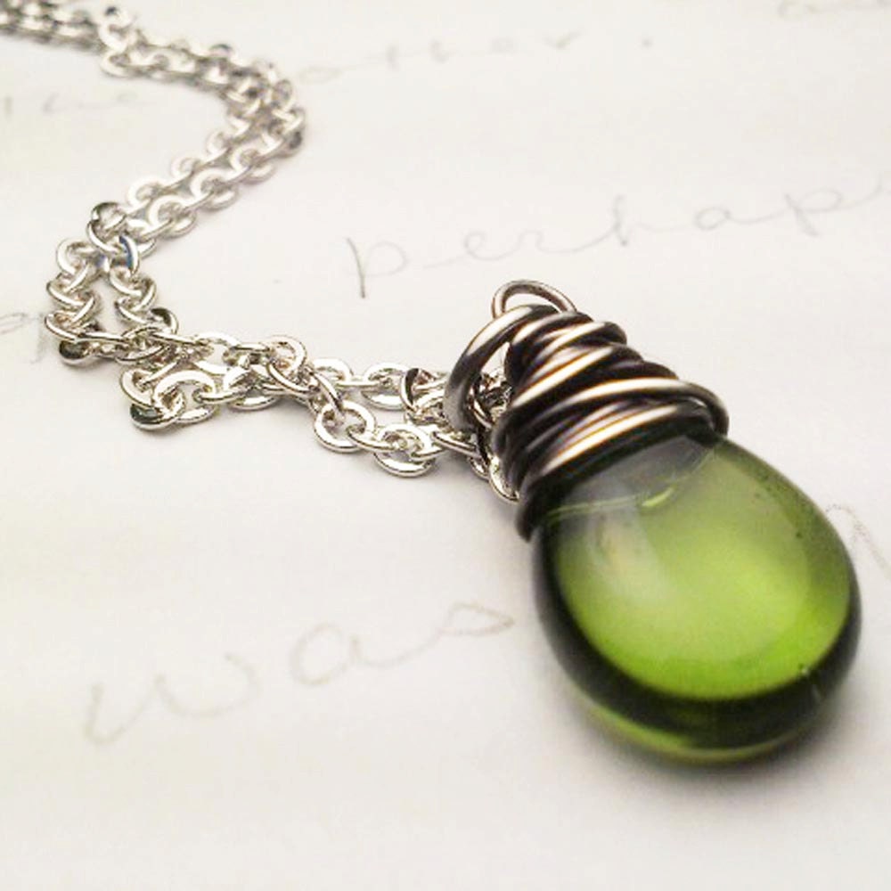 Olivine Jewelry Czech Glass Oxidized Silver Wire Wrapped Necklace