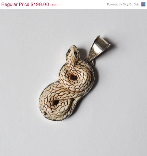SHOP SALE / vintage huge sterling silver carved bone snake pendant / Snake Charmer pendant