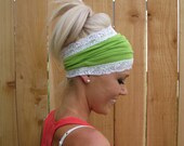 Lime Green Rayon Cotton Jersey Knit Headband with Stretch Lace Trim