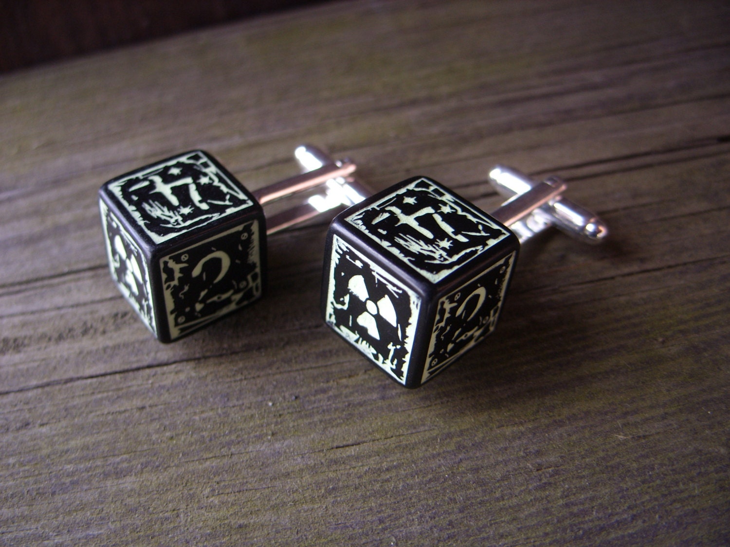 D6 nuclear dice cufflinks glowing in the dark post apocalypse  geek nerd rpg gamers wedding mens accessory business wear for men