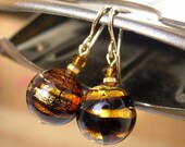 Venetian Glass Bead Earrings, Round, Brown, Gold Leaf