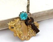 SALE Art Nouveau Necklace Skeleton Key Necklace Statement Necklace Charm Necklace French Style Necklace Blue Rhinestone Holiday - Alyssa
