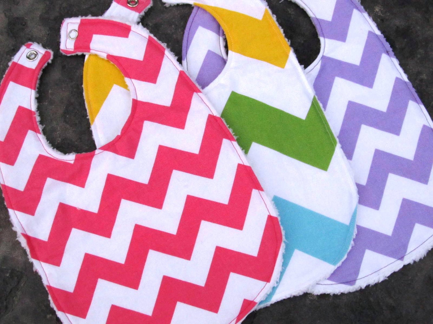 Girls Baby Bibs, Set of 3, Riley Blake Chevrons in Lilac, Pink, and Multicolor with White Chenille Custom Baby Bibs Ready To Ship