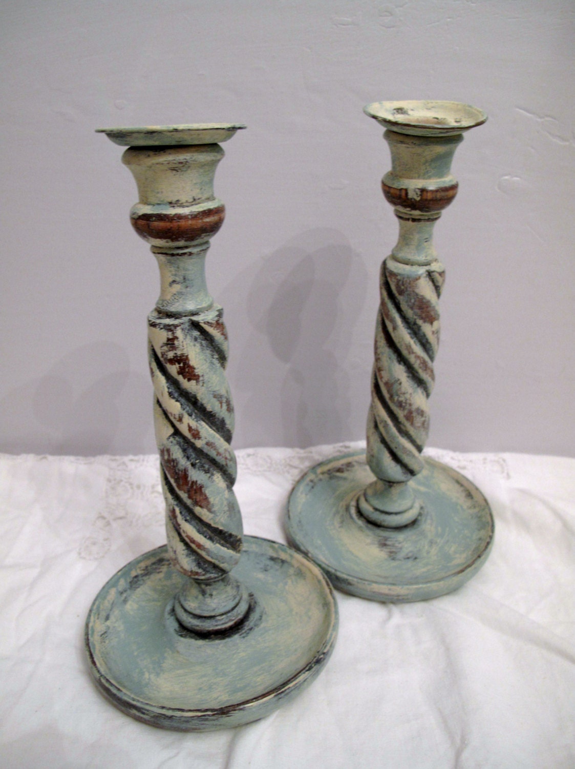 Pr. VintageTurned  Wood Candle Holders, 7.5" tall,  Distressed in Provence  Blue/Cream