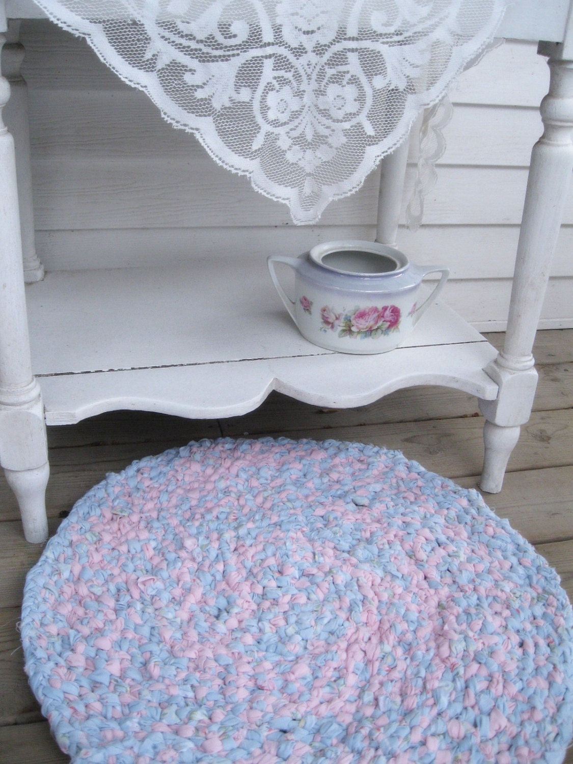 Rug, Braided Rag Rug, Pink and Blue, Vintage Nursery, Shabby Cottage, Cottage Charm, by mailordervintage on etsy