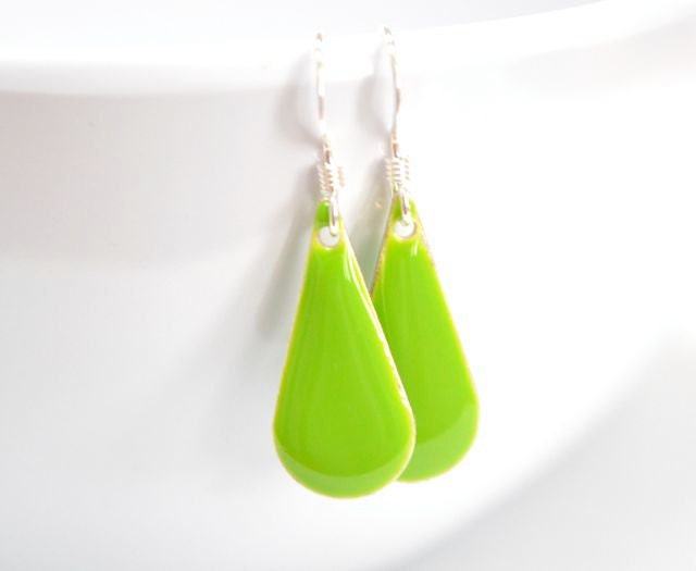 Lime Green Teardrop Earrings, Neon 80's Minimalist Sterling Silver Dangle, Spring Fashion Gift For Her - CCARIA