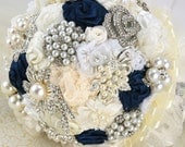 Brooch Bouquet Wedding Bouquet Vintage Style Bouquet in Ivory, Cream, White and Navy Blue