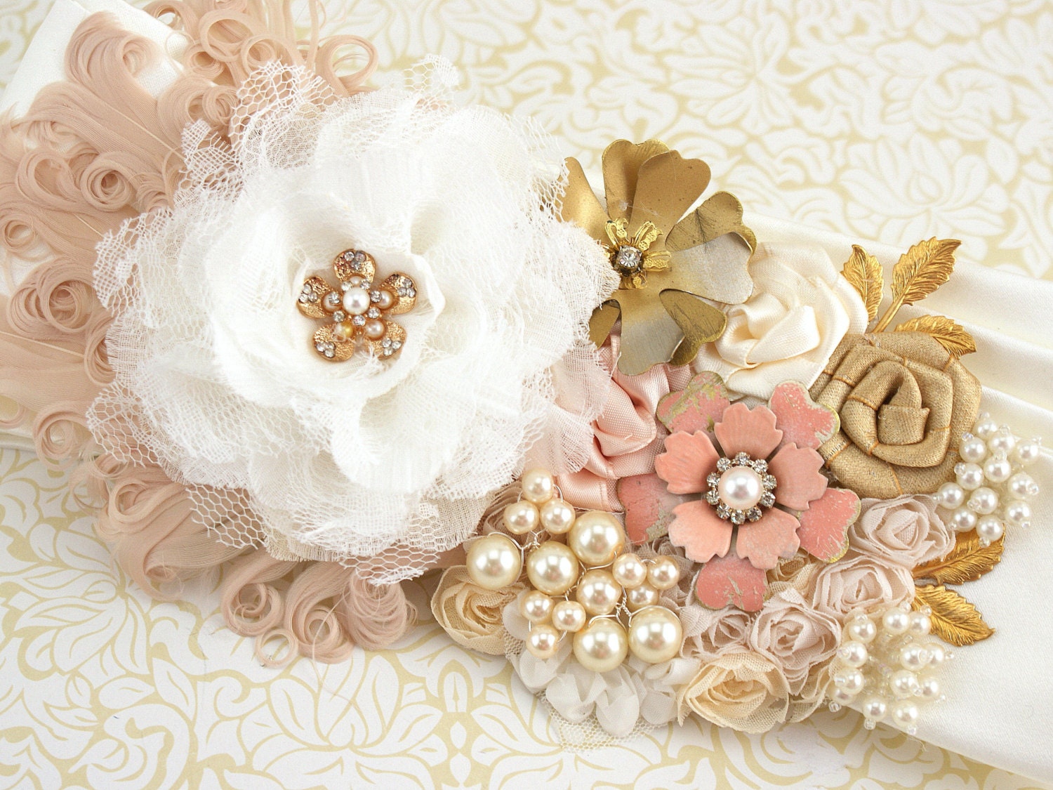 Bridal Sash Wedding Sash in Ivory, Blush and Gold with Brooches, Feathers and Pearls- Vintage Inspired