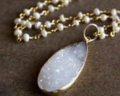 Gold Soft Grey Druzy Necklace on a White Freshwater Pearl Chain - Layering Necklace