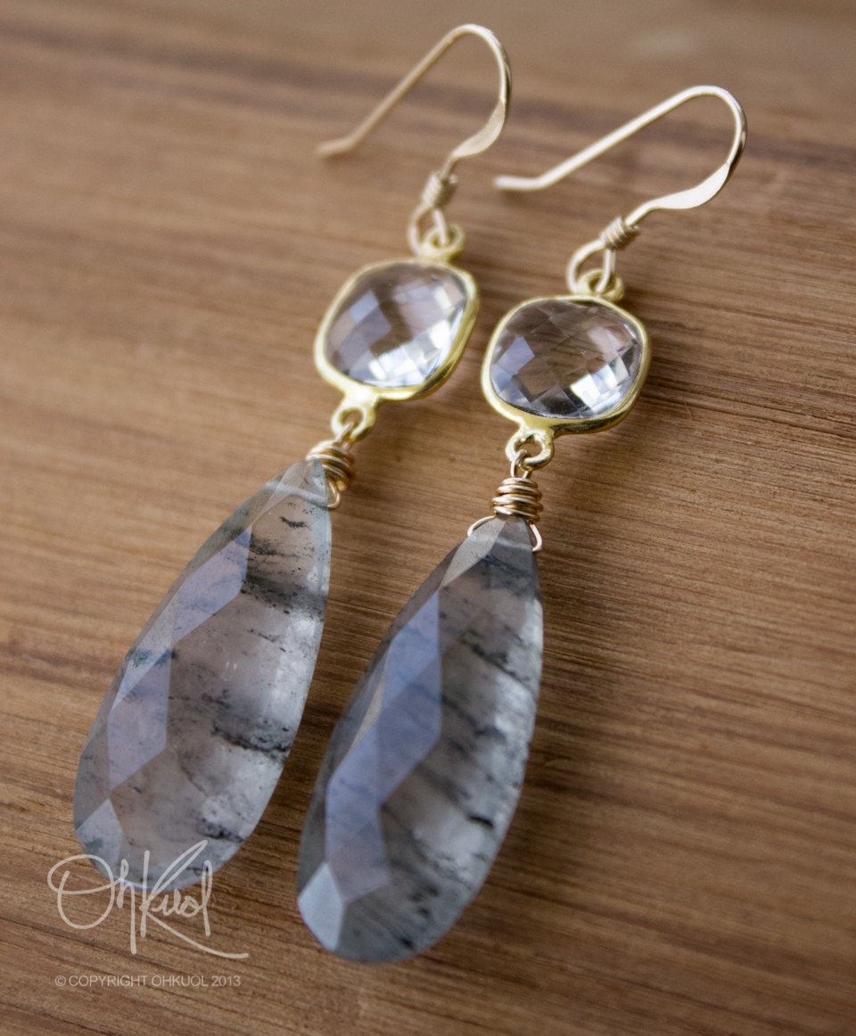 Gold Crystal Quartz and Black Rutile Quartz Gemstone Earrings - 14K Gold Fill