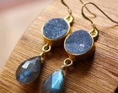 Memorial Day SALE Gold Black Stardust Druzy and Blue Labradorite Earrings - Dangle Earrings - Midnight Blue