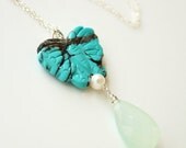 SALE 15 OFF SALE - Silver Turquoise Butterfly Necklace - with Aqua Chalcedony - Marked Down