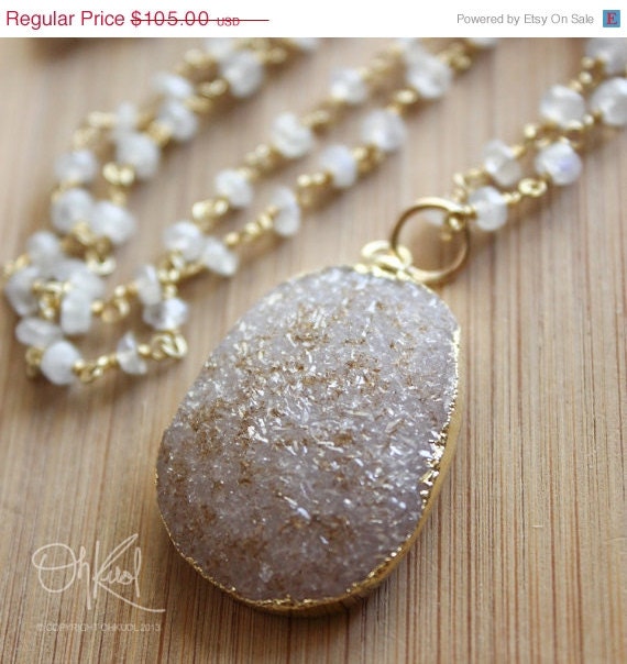 SALE 15 OFF Gold Natural Vanilla Druzy Slice Pendant on June Moonstone Necklace - Layering Necklace
