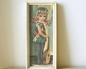 Small Vintage Big Eye Harlequin Girl with Mandolin Retro Framed Print by Eden.