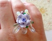 Flower Bouquet Beaded Baroque Adjustable Ring - Lilac Violet Rose and Leaves