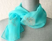 Skinny Silk Chiffon Scarf Hand Dyed in Aqua with Starfish and Seashells
