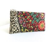 Magenta Pink Gray Zippered Bag / Beaded Pull