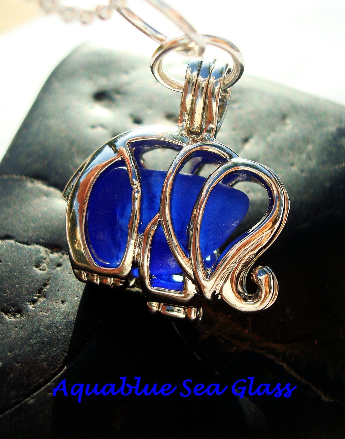 Sea Glass Elephant  Locket  Cobalt Beach Glass  From Puerto Rico FREE SHIPPING