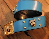 ESCADA Vintage Crystal Leopard STUDDED Bright Blue Leather Belt