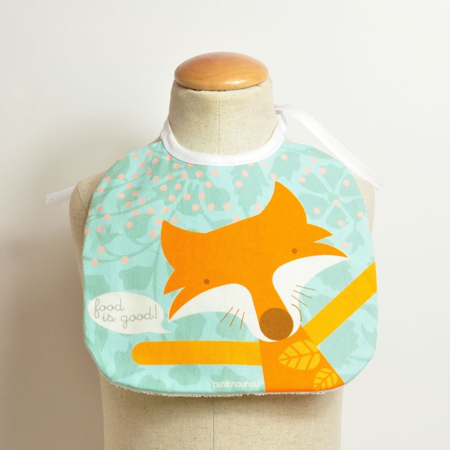baby bib with fox in high quality cotton fabric with impermeable fabric on reverse