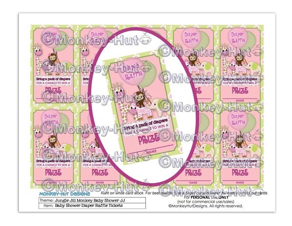 Monkey Baby Shower Jungle Jill JJ girl Diaper Raffle Tickets printable pdf file INSTANT DOWNLOAD