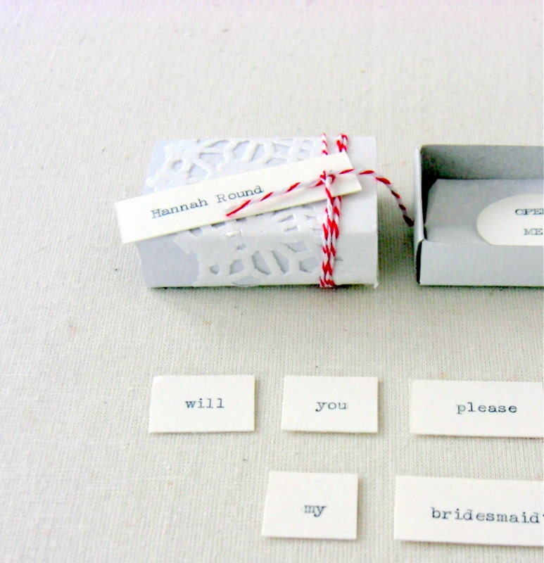 Bridesmaid invitation  -  matchbox message  - doily and bakers twine