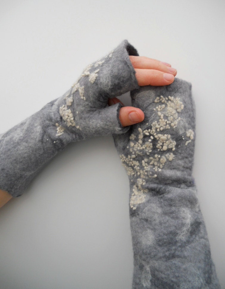Fingerless Gloves  "Winter Weather"  Mittens Pure Merino Wool Hand Felted Arm and Hand Warmers
