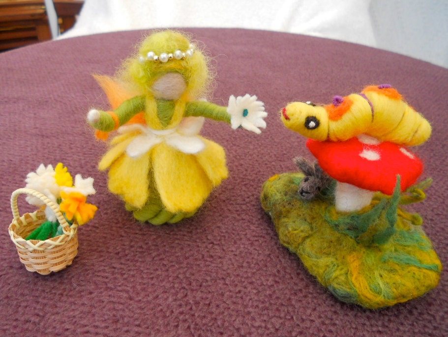 Spring Flower Fairy, Waldorf Nature Scene Needle Felted Caterpillar Bunny Rabbit Mushroom Toadstool Needle Felted Play items Play Scape