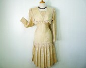 Vintage dress 80s Beige Linen Doatress Oatmeal Ricki Lang for Nuit Pleat Skirt Lace Party Evening Prom Wedding Dress
