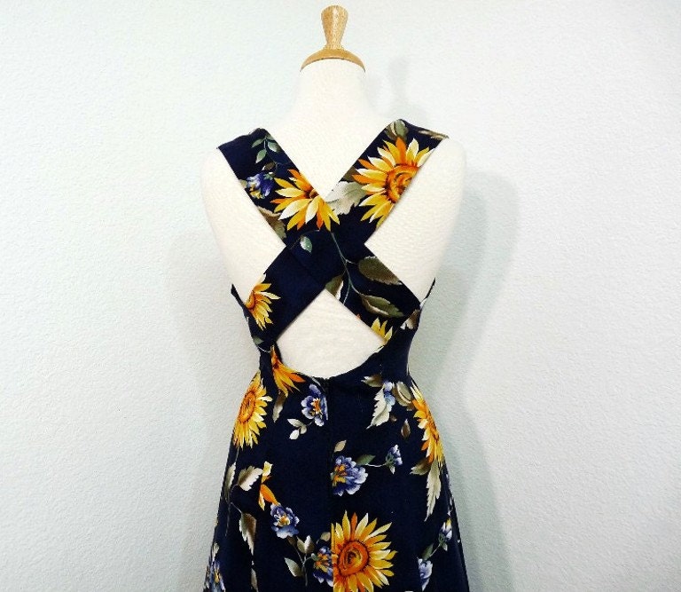 Vintage 80s Cotton Sunflower  Dress Sundress Cross Straps All that Jazz Bohemian Blue Yellow  Summer dress