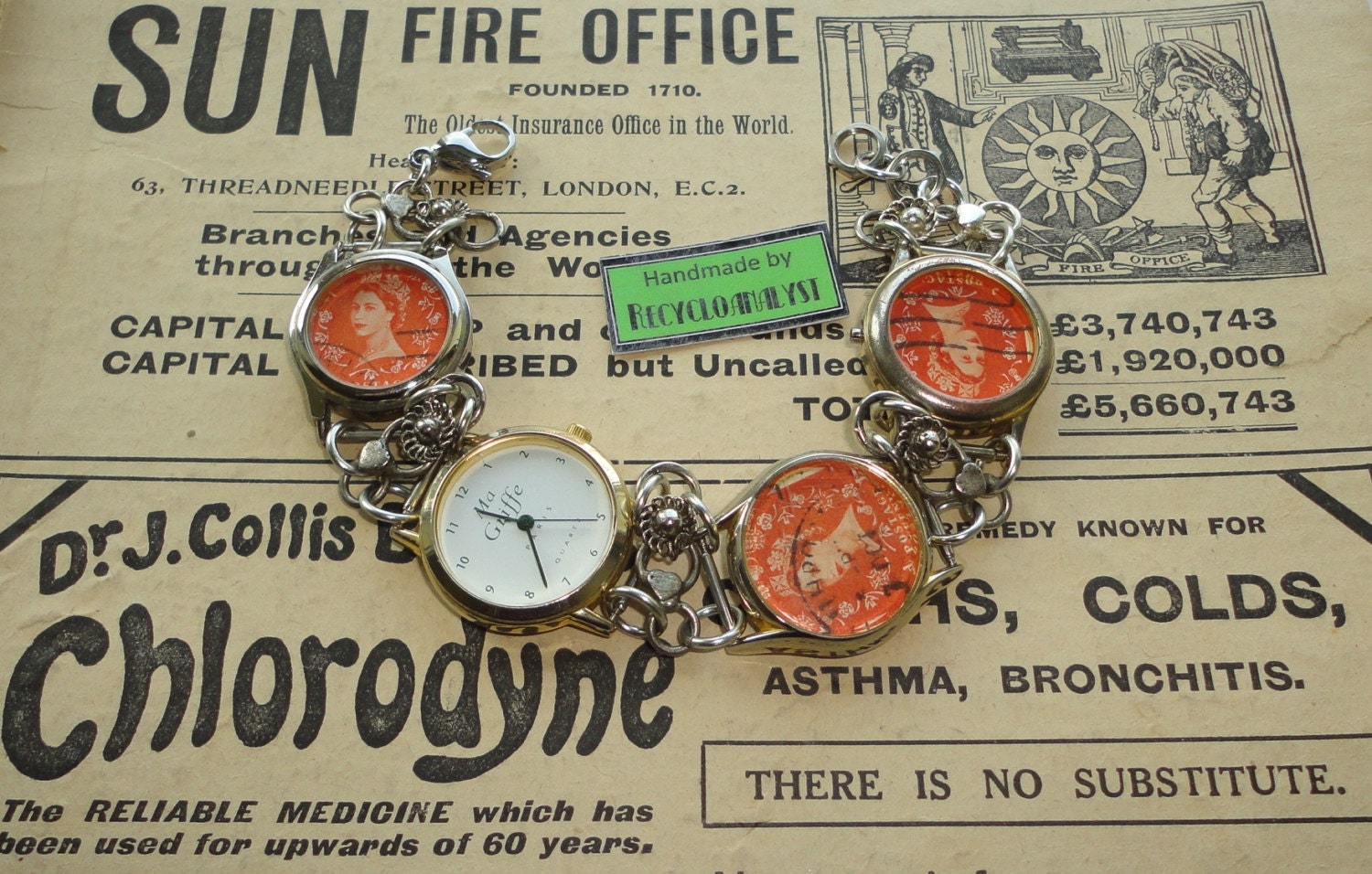 Handmade Recycled Watches and Working Watch Bracelet with Vintage Postage Stamps, Eco Friendly, Unusual Wearable Art Jewellery