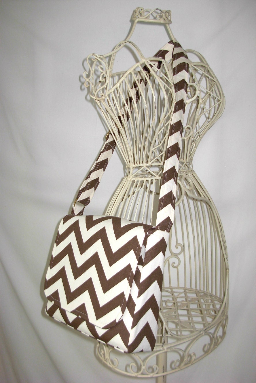Messenger Bag  Hipster Adjustable Strap Chevron Stripe Brown Cream