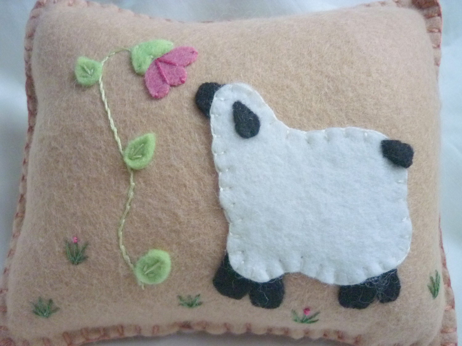 Primitive Sheep  Pillow Appliqued Wool Felt Penny Rug