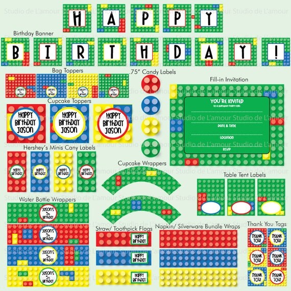PRINTABLE DIY Buliding Bricks Theme Customized Birthday PDF Party Package Il_570xn