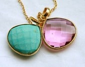 Double Teardrop Pendant Necklace // Pretty Turquoise and Pink Quartz 18" Necklace on 18k Gold Vermeil Chain
