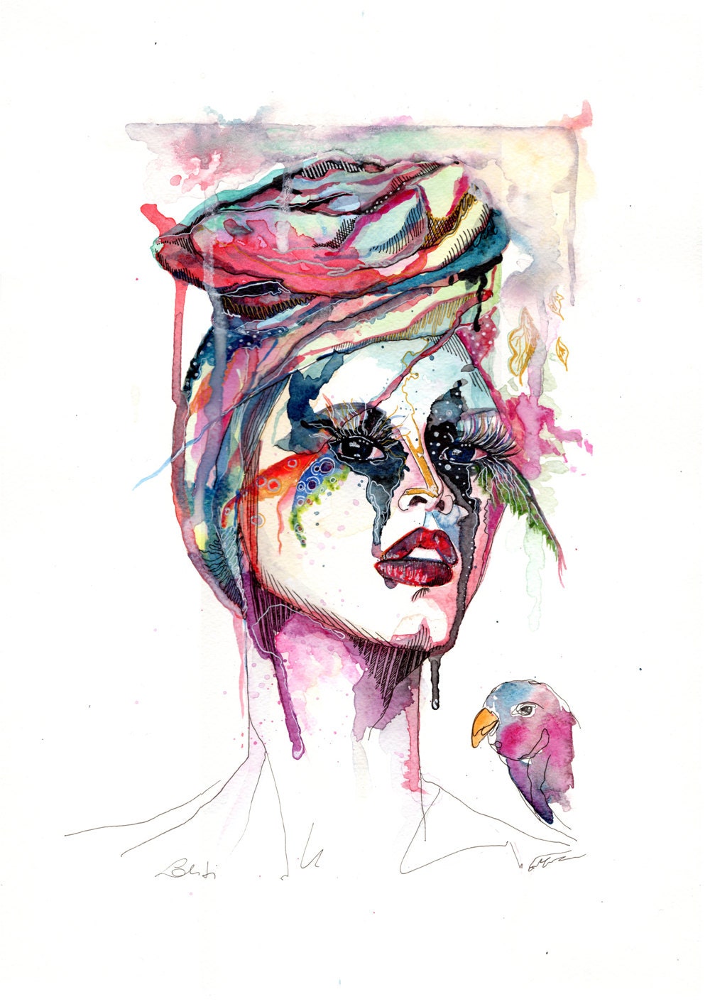 Original watercolor Art fashion woman face illustration portrait in watercolor drawing fine art hand signed in limited edition of 100