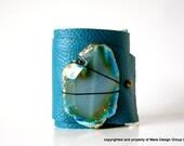 turquoise leather cuff bracelet with blue agate - adjustable