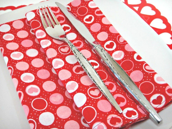 Hearts Napkins Red Pink White Polka Dots Cloth Eco Friendly Reversible 4 Piece Set