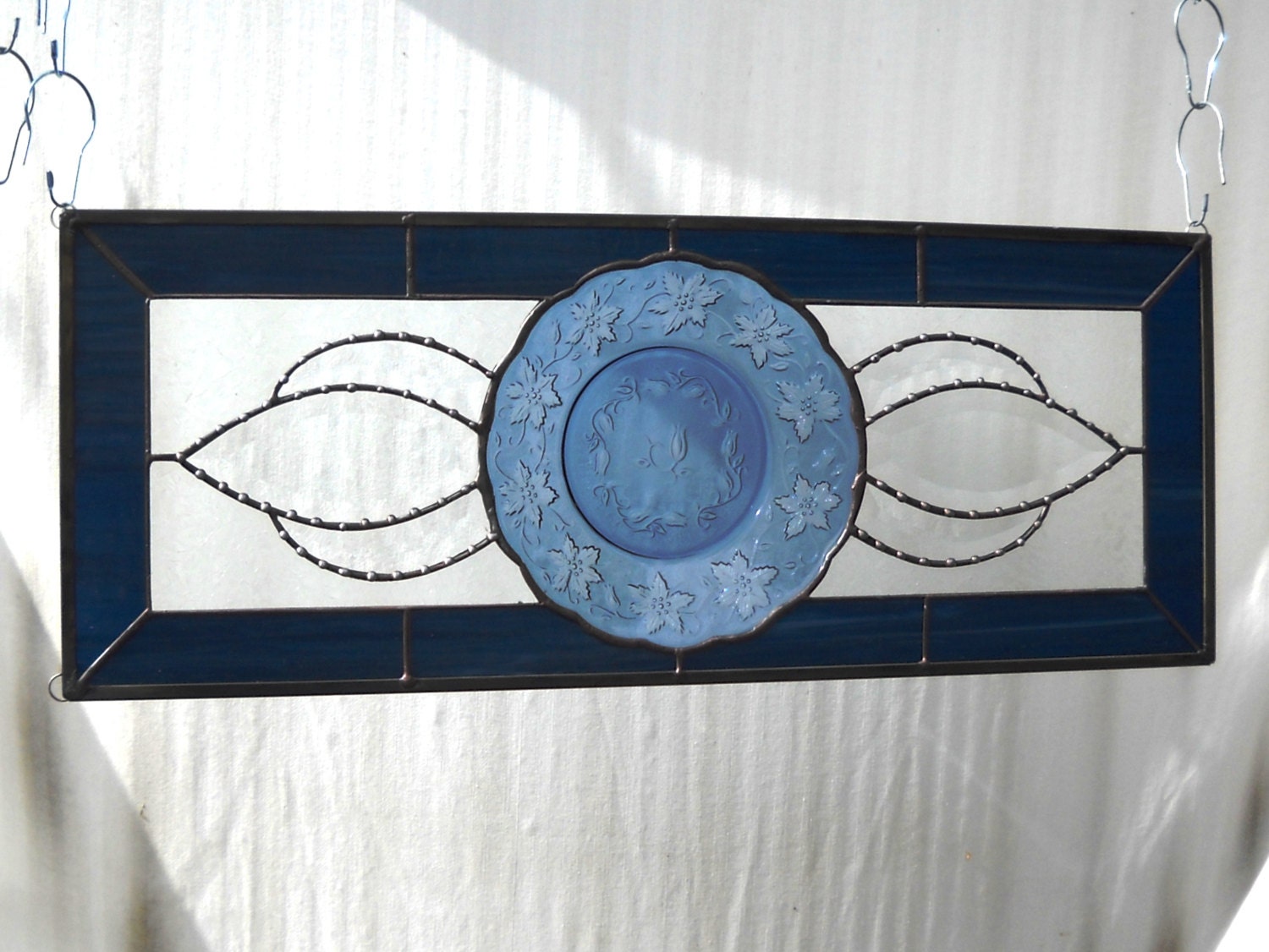 Princess House Fantasia Sapphire Plate Stained Glass Panel Vintage Look Window Valance