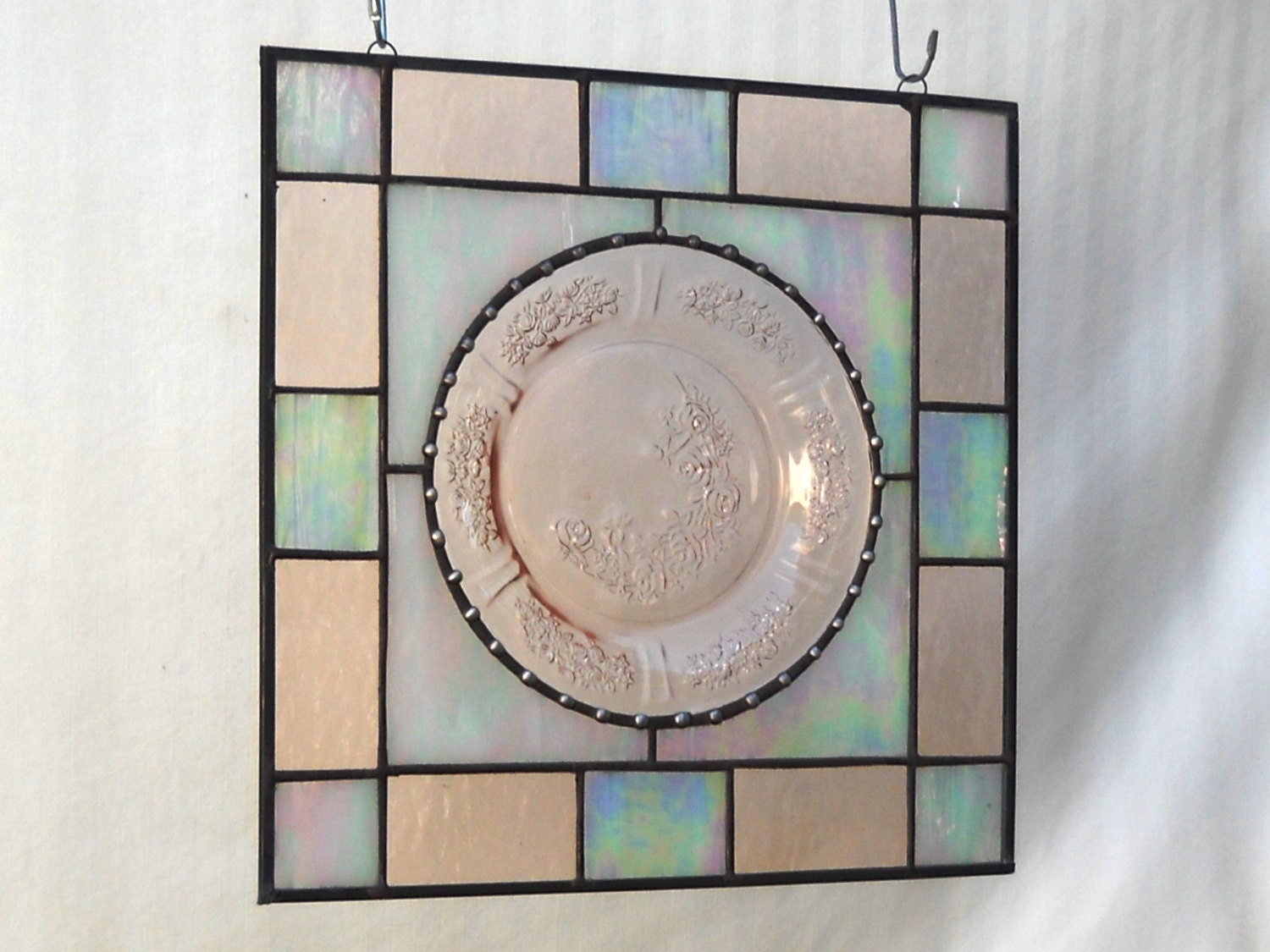Pink Depression Glass Stained Glass Plate Panel with Sharon Cabbage Rose Dish
