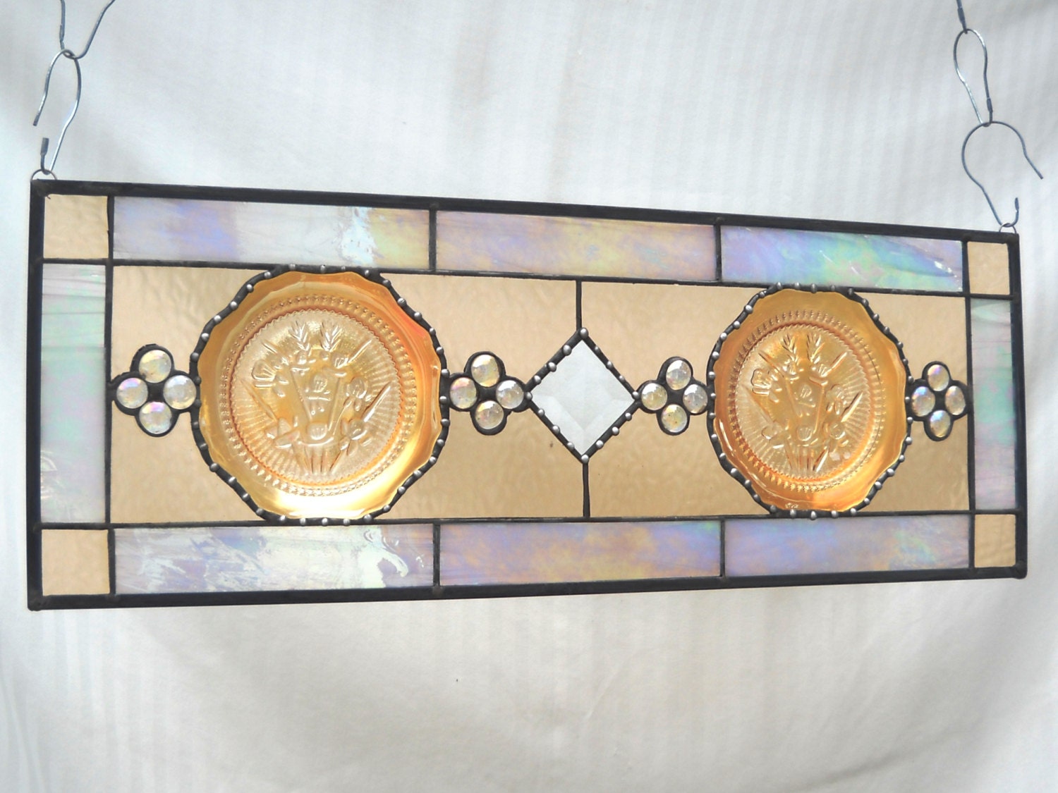 Depression Glass Stained Glass Panel with 1930s Iris and Herringbone Plates