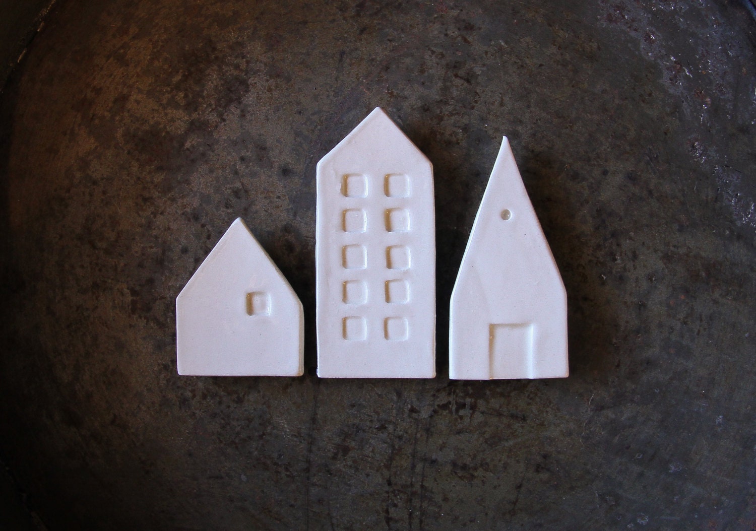Ceramic mini city magnets, set of three white modern magnets for you inspiration board