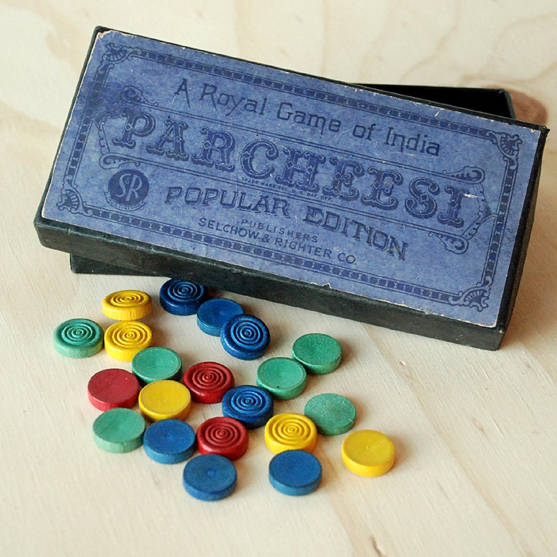 Vintage Parcheesi Game Box and Wooden Pieces Photo Prop