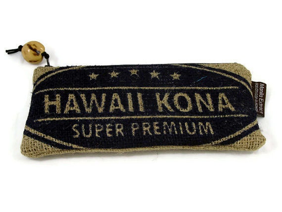 Burlap Zipper Pouch. Repurposed Kona USA Coffee Bag. Handmade in Hawaii.