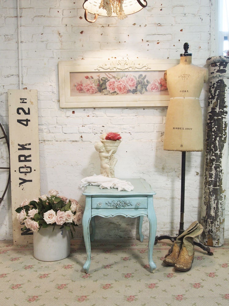 Painted Cottage Chic Shabby Aqua Romantic French Lamp Table ENT04
